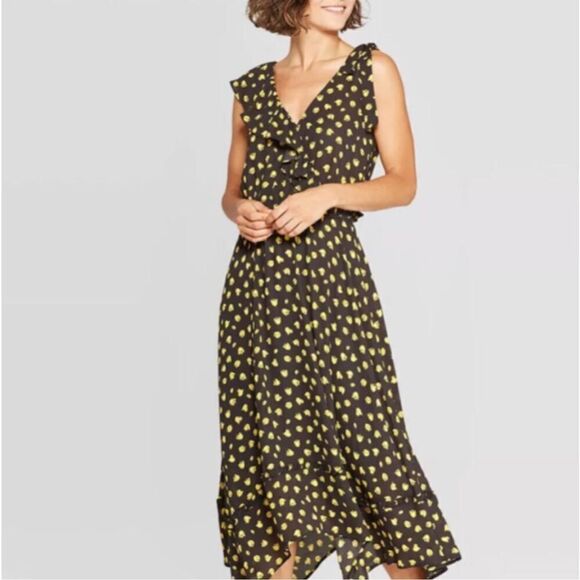 Who What Wear Yellow Black Ruffled Wrap Midi Dress - Picture 2 of 12